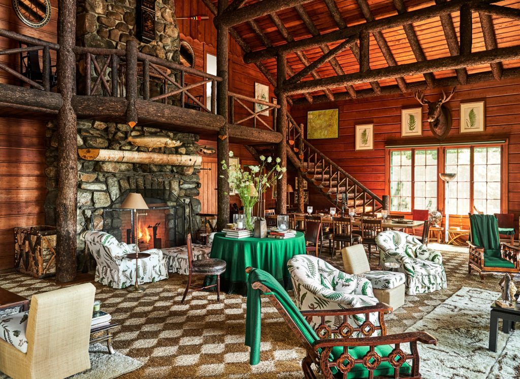 Billy Baldwin Slipper Chairs featured in Architectural Digest, A Classic Adirondacks Camp by Miles Redd, Redd Kaihoi